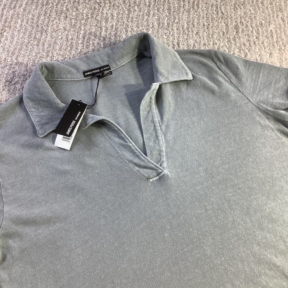James Perse Pigment Dyed Cotton V Neck Polo Shirt Grey Green Size 1 NWT